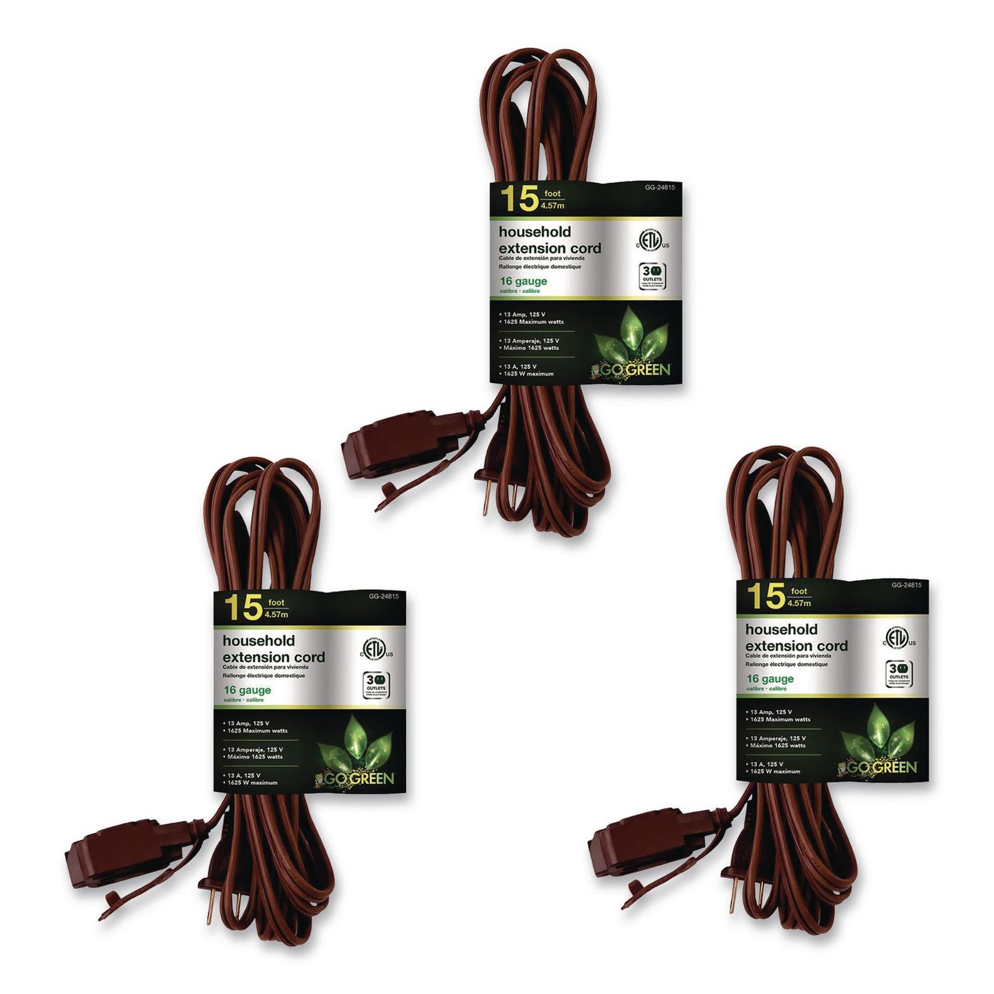 GoGreen Power Household Extension Cord, 15 ft, 13 A, Brown, 3/Pack (GGPGG248153)