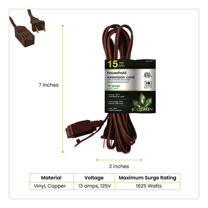 GoGreen Power Household Extension Cord, 15 ft, 13 A, Brown, 3/Pack (GGPGG248153)