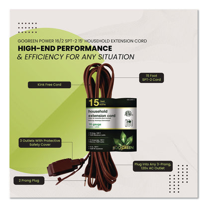 GoGreen Power Household Extension Cord, 15 ft, 13 A, Brown, 3/Pack (GGPGG248153)