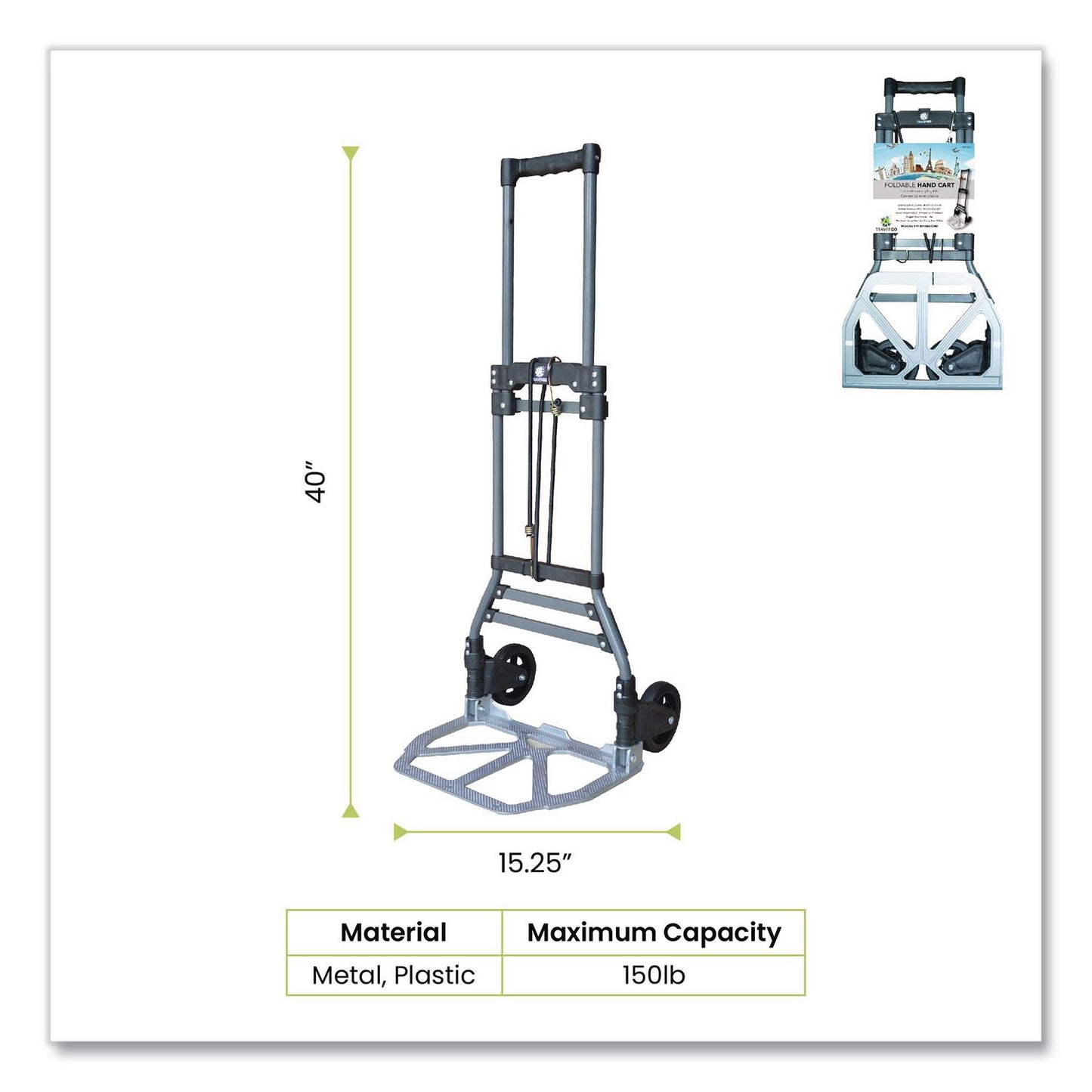 GoGreen Power Luggage Cart ,150 lbs Capacity, 40 x 15.25 x 16.5, Gray (GGPTR1800)