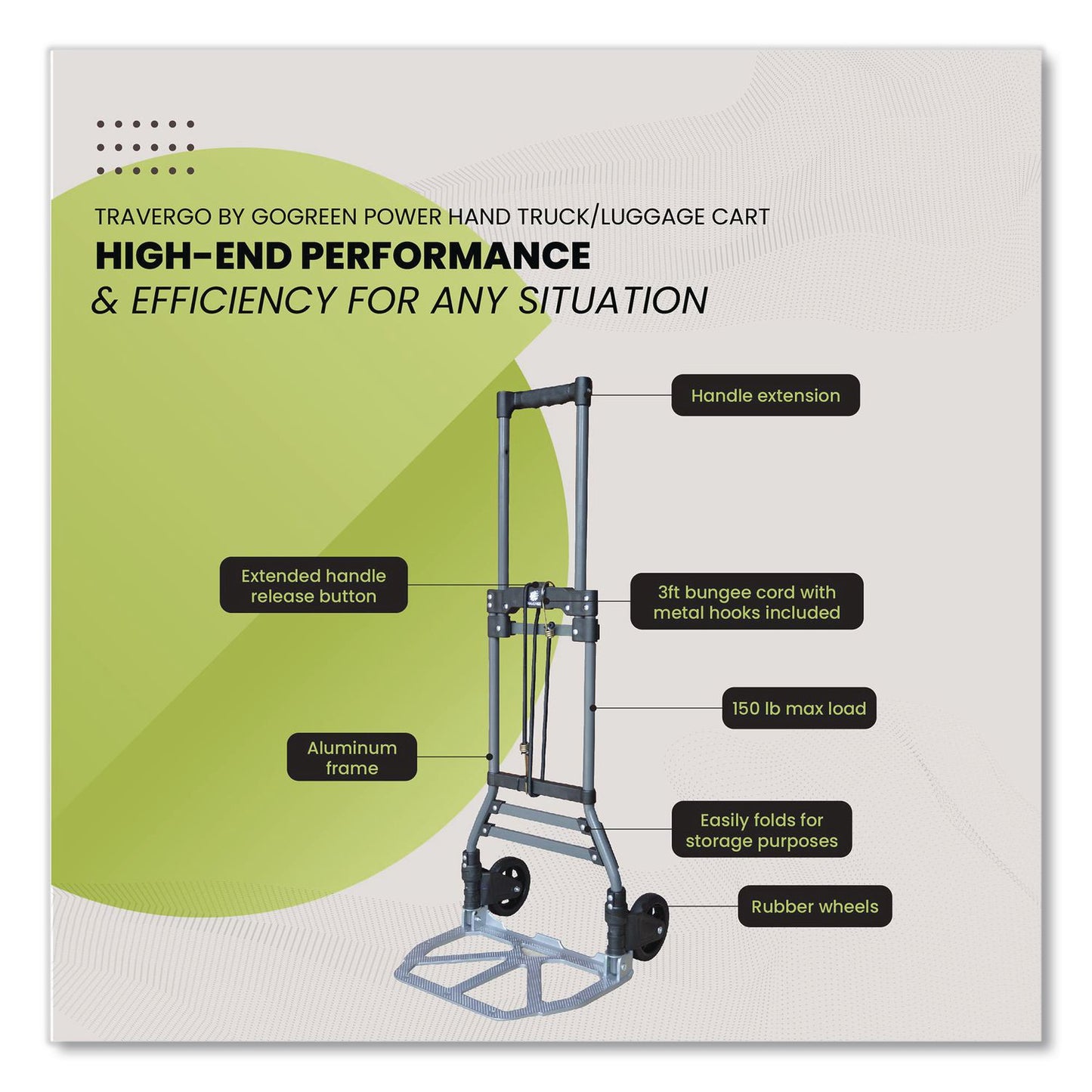 GoGreen Power Luggage Cart ,150 lbs Capacity, 40 x 15.25 x 16.5, Gray (GGPTR1800)