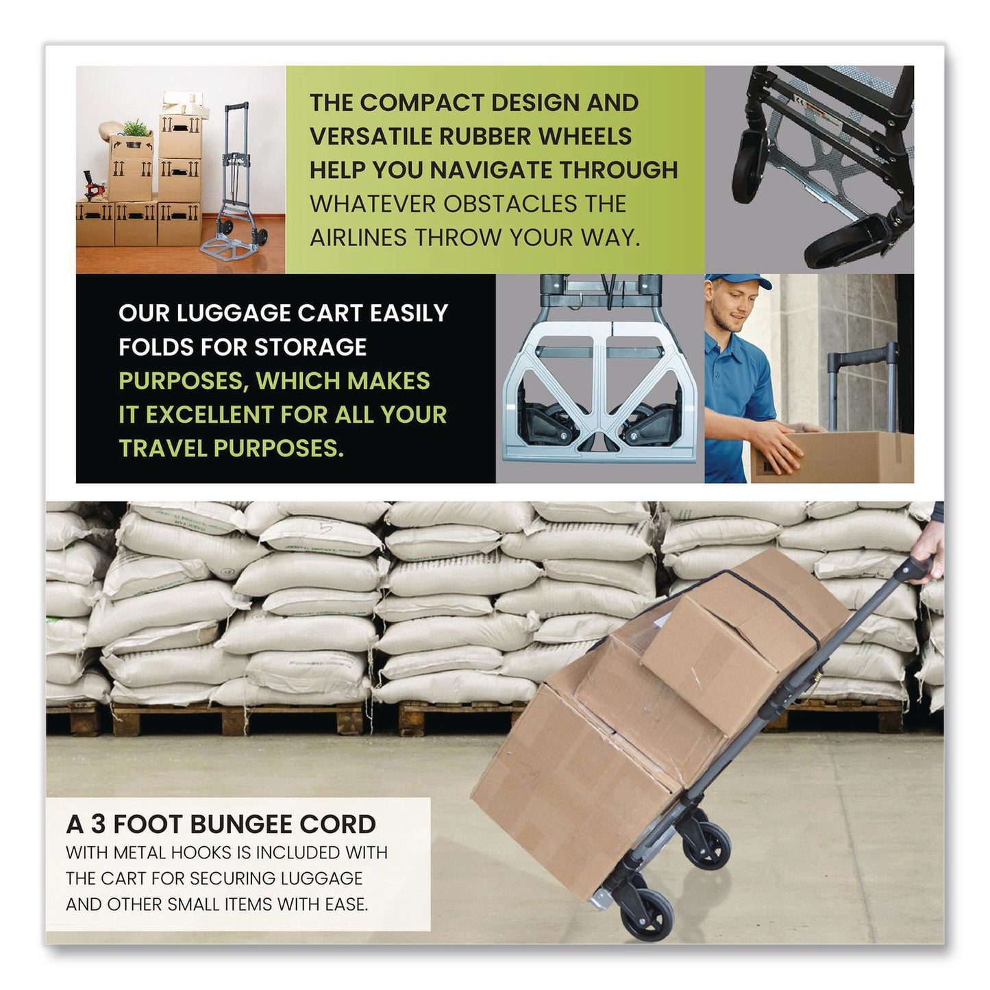 GoGreen Power Luggage Cart ,150 lbs Capacity, 40 x 15.25 x 16.5, Gray (GGPTR1800)