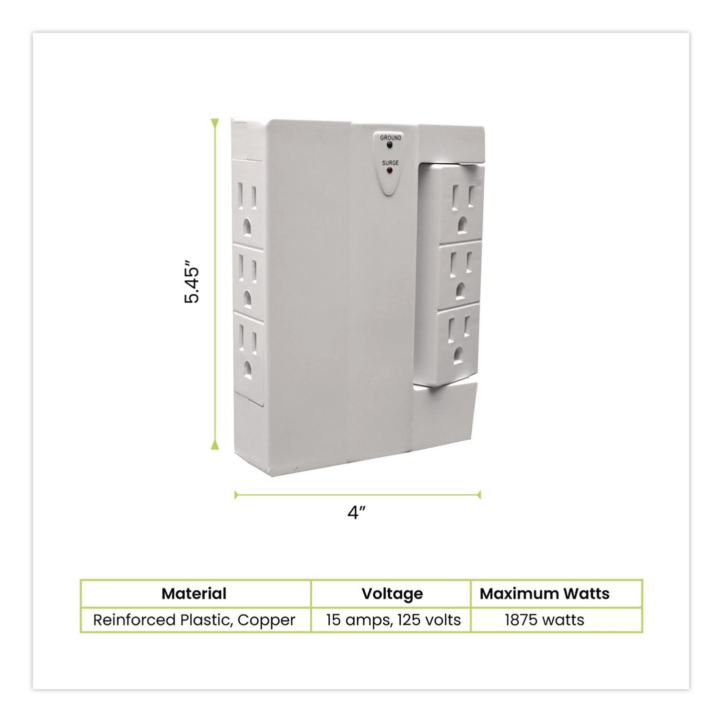GoGreen Power 6 Outlet Swivel Wall Tap with Surge Protection, 1,000 J, White (GGPGG16310TSW)