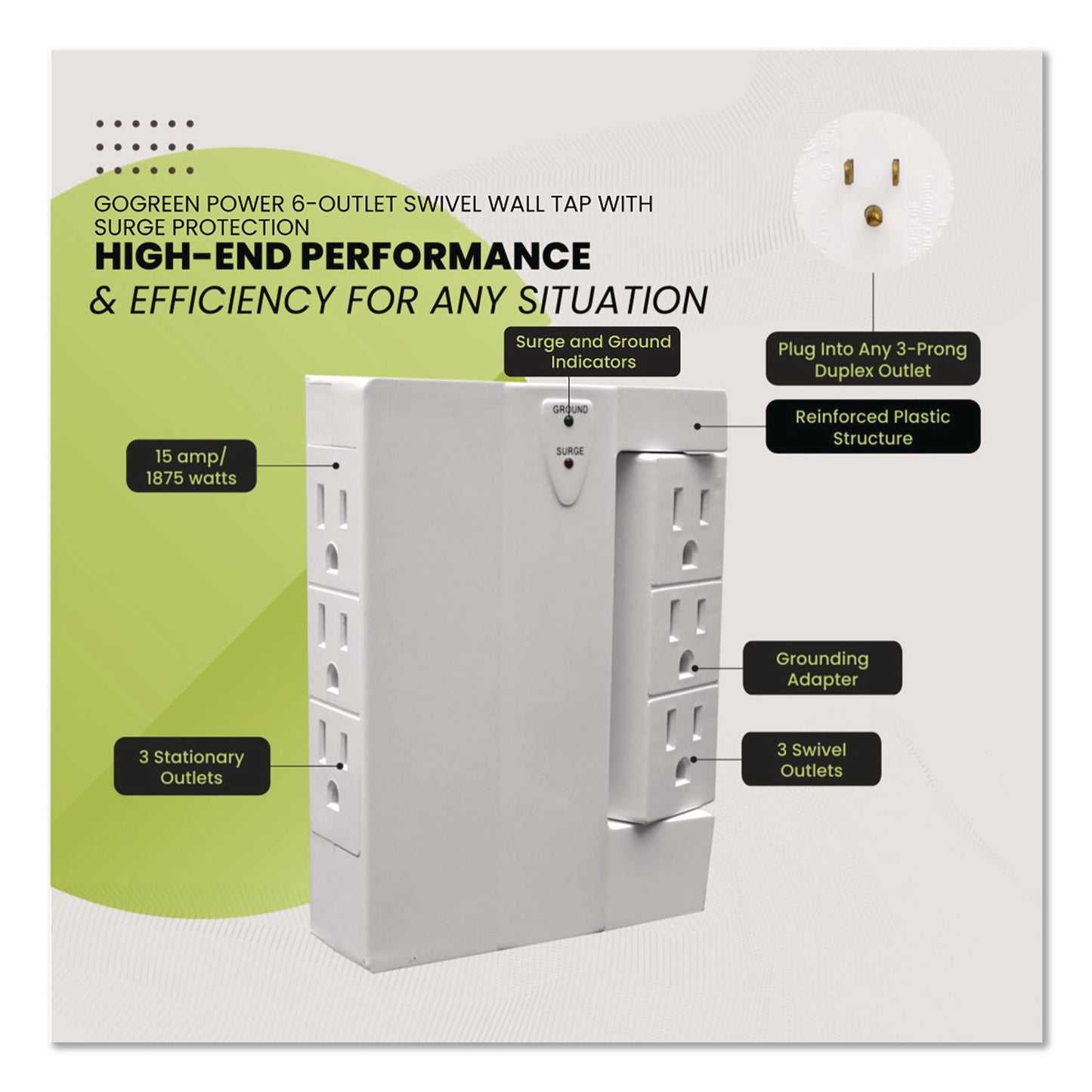 GoGreen Power 6 Outlet Swivel Wall Tap with Surge Protection, 1,000 J, White (GGPGG16310TSW)