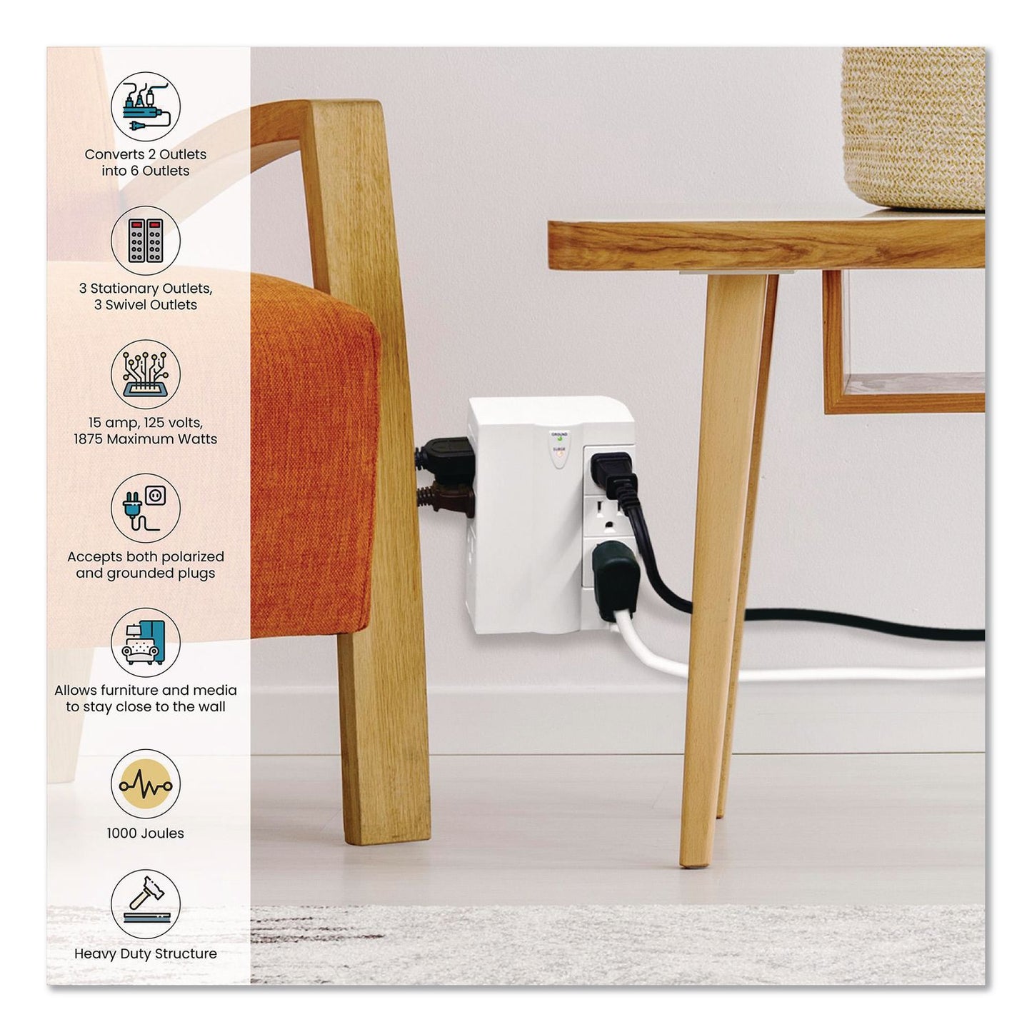 GoGreen Power 6 Outlet Swivel Wall Tap with Surge Protection, 1,000 J, White (GGPGG16310TSW)