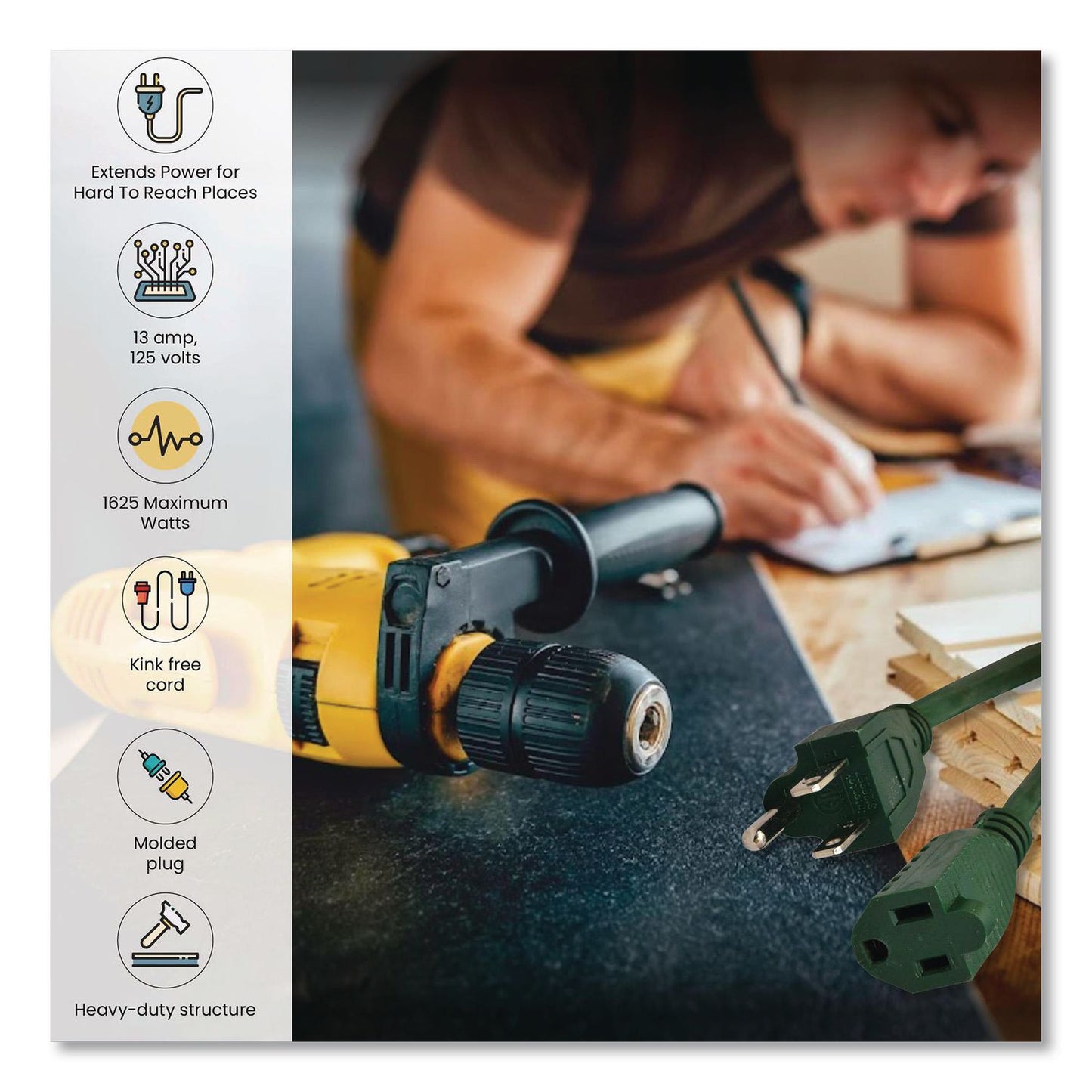 GoGreen Power 16 AWG Outdoor Extension Cord, 25 ft, 13 A, Green (GGPGG13725GN)