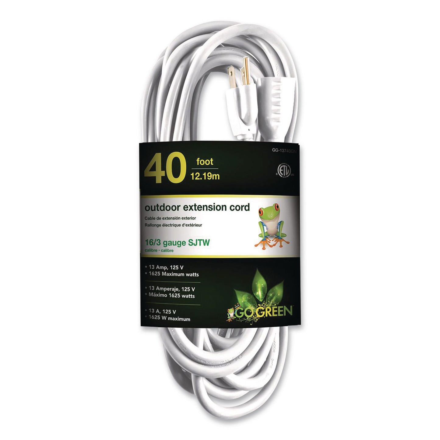 GoGreen Power 16 AWG Outdoor Extension Cord, 40 ft, 13 A, White (GGPGG13740WH)
