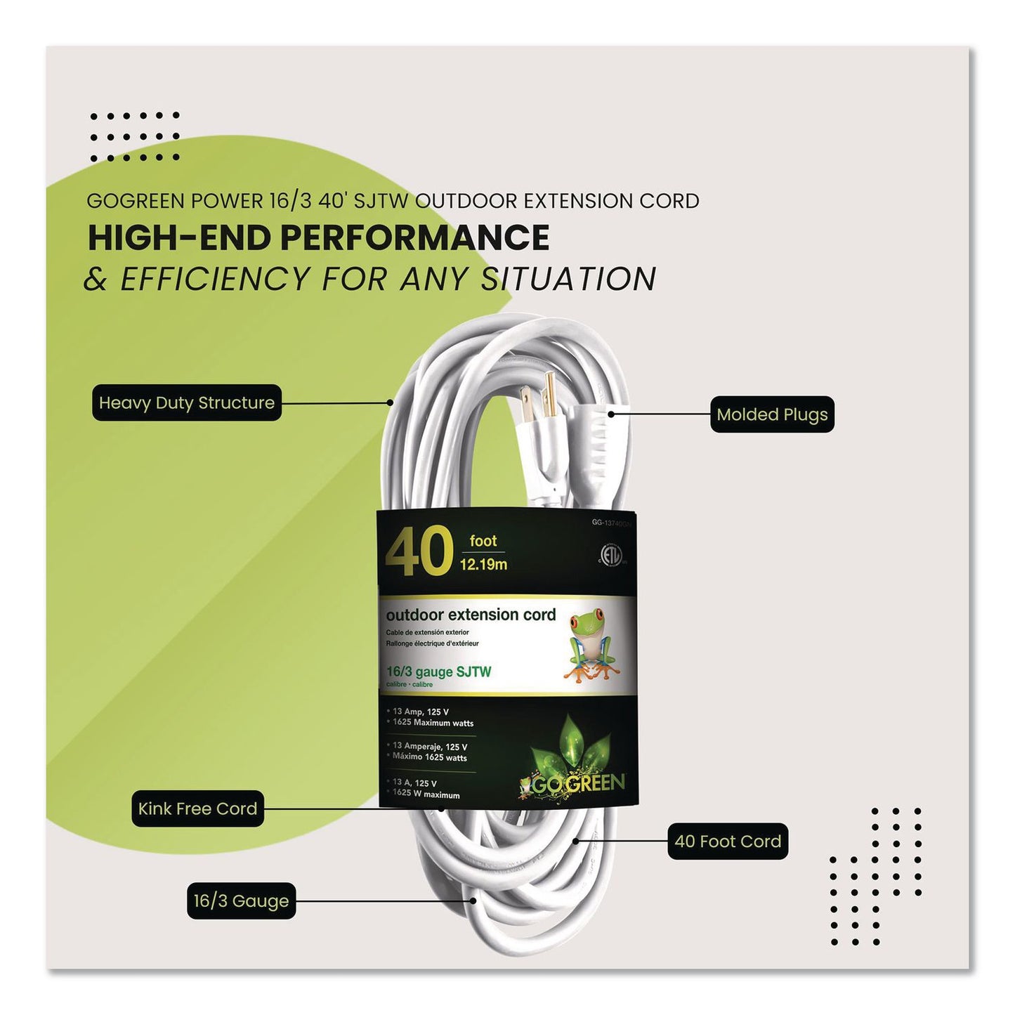 GoGreen Power 16 AWG Outdoor Extension Cord, 40 ft, 13 A, White (GGPGG13740WH)