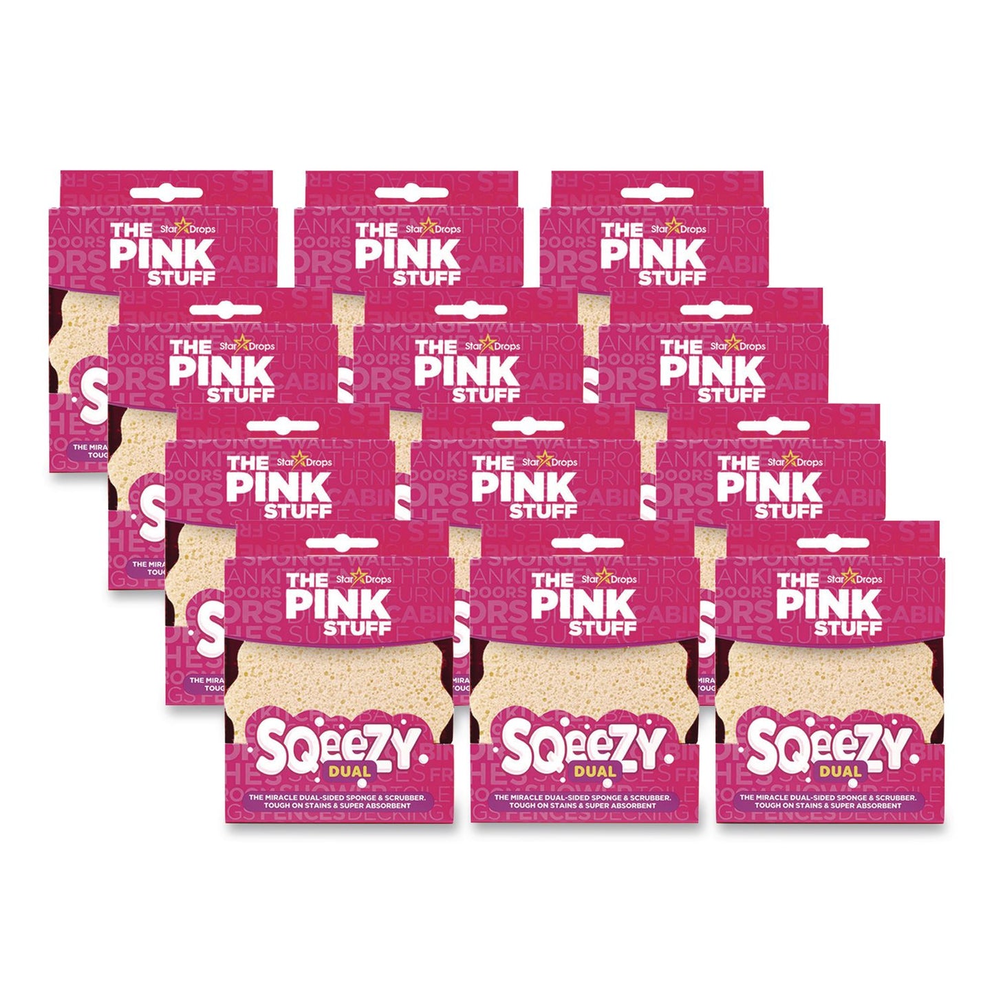 The Pink Stuff Sqeezy Dual Scrubber/Sponge, 4 x 5.3, 3.8" Thick, Pink, 12/Carton (RST823773CT)