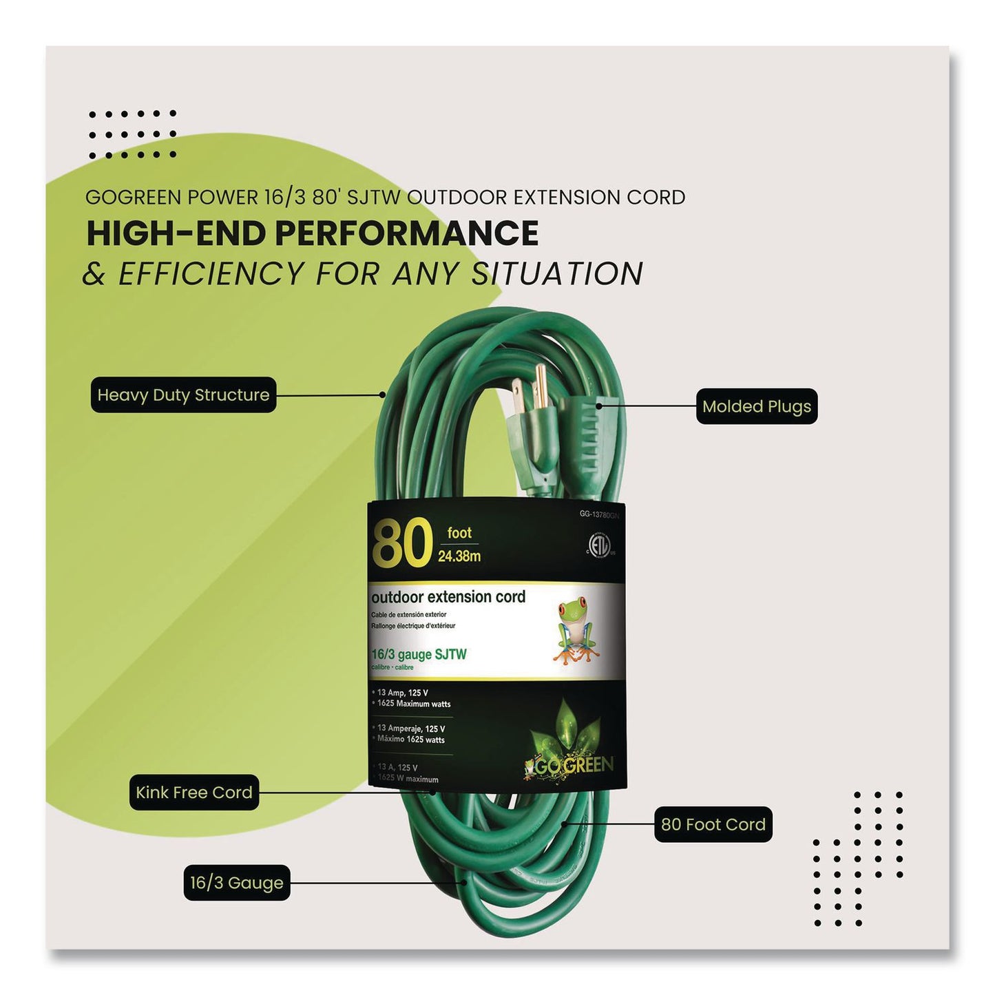 GoGreen Power 16 AWG Outdoor Extension Cord, 80 ft, 10 A, Green (GGPGG13780GN)