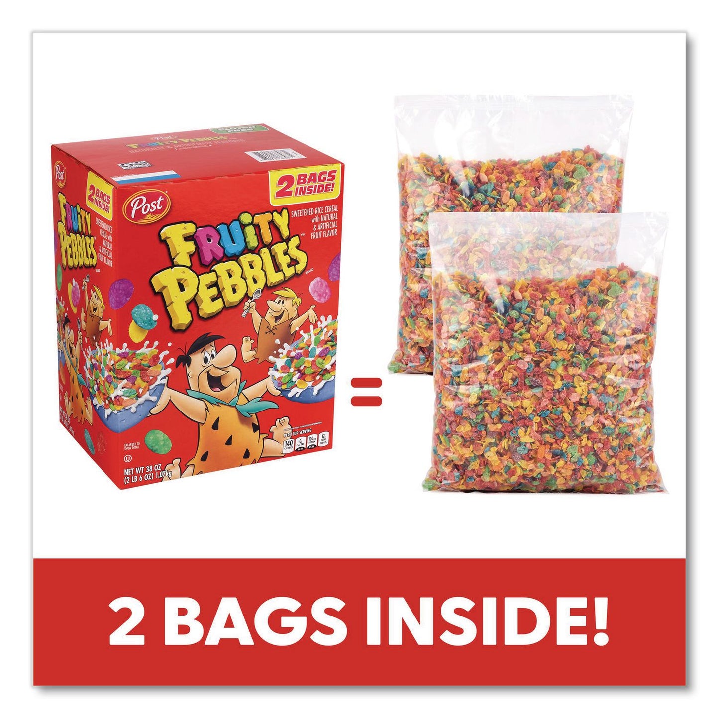 Post® Fruity Pebbles Crispy Rice Cereal, 2 Bags/Box, 38 oz Box (GRR22002627)