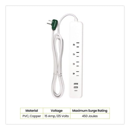 GoGreen Power Four-Outlet Surge Protector with Three USB Ports, 4 ft Cord Length Cord, 450 J, White (GGPGG1462USBC)