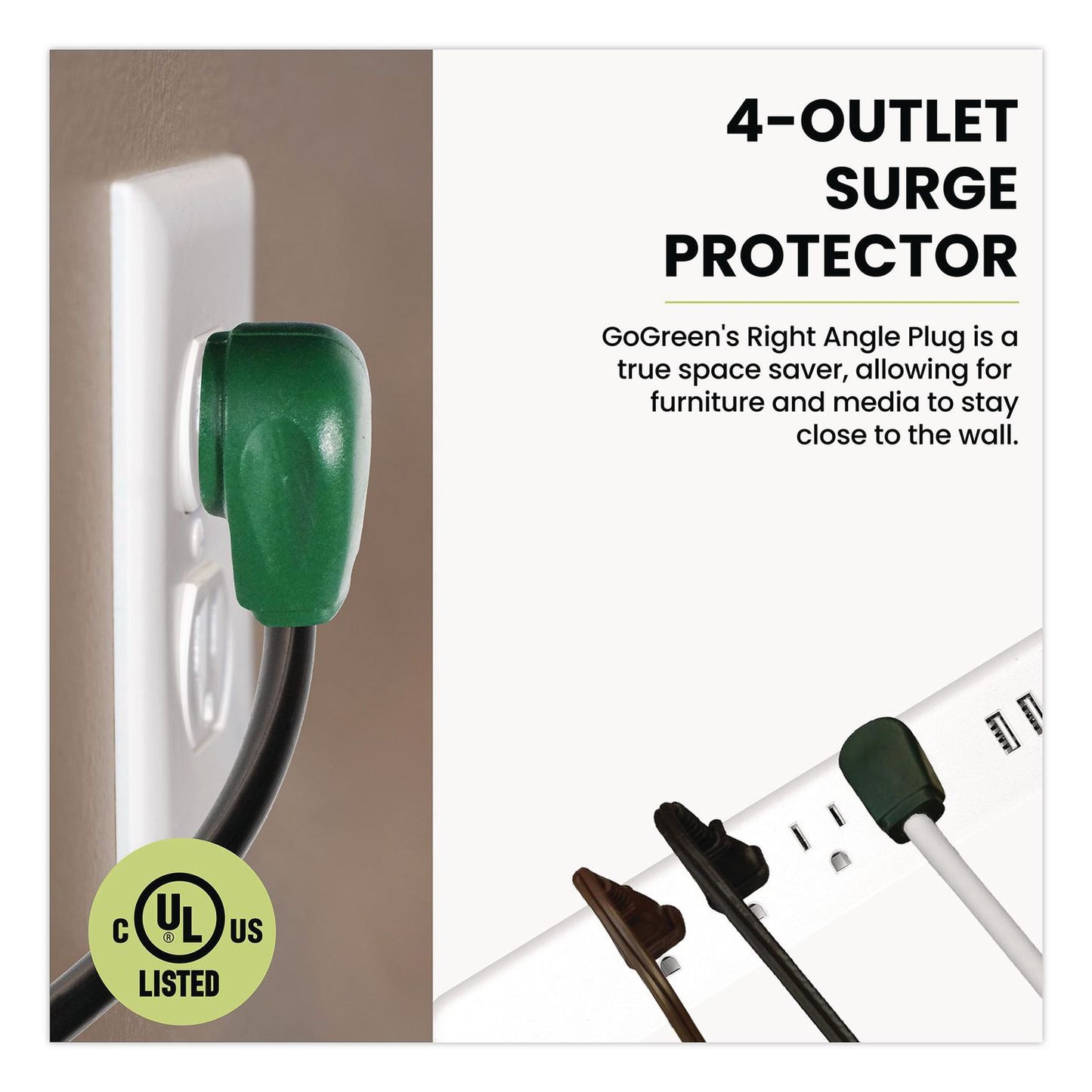 GoGreen Power Four-Outlet Surge Protector with Three USB Ports, 4 ft Cord Length Cord, 450 J, White (GGPGG1462USBC)