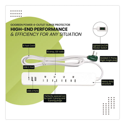GoGreen Power Four-Outlet Surge Protector with Three USB Ports, 4 ft Cord Length Cord, 450 J, White (GGPGG1462USBC)