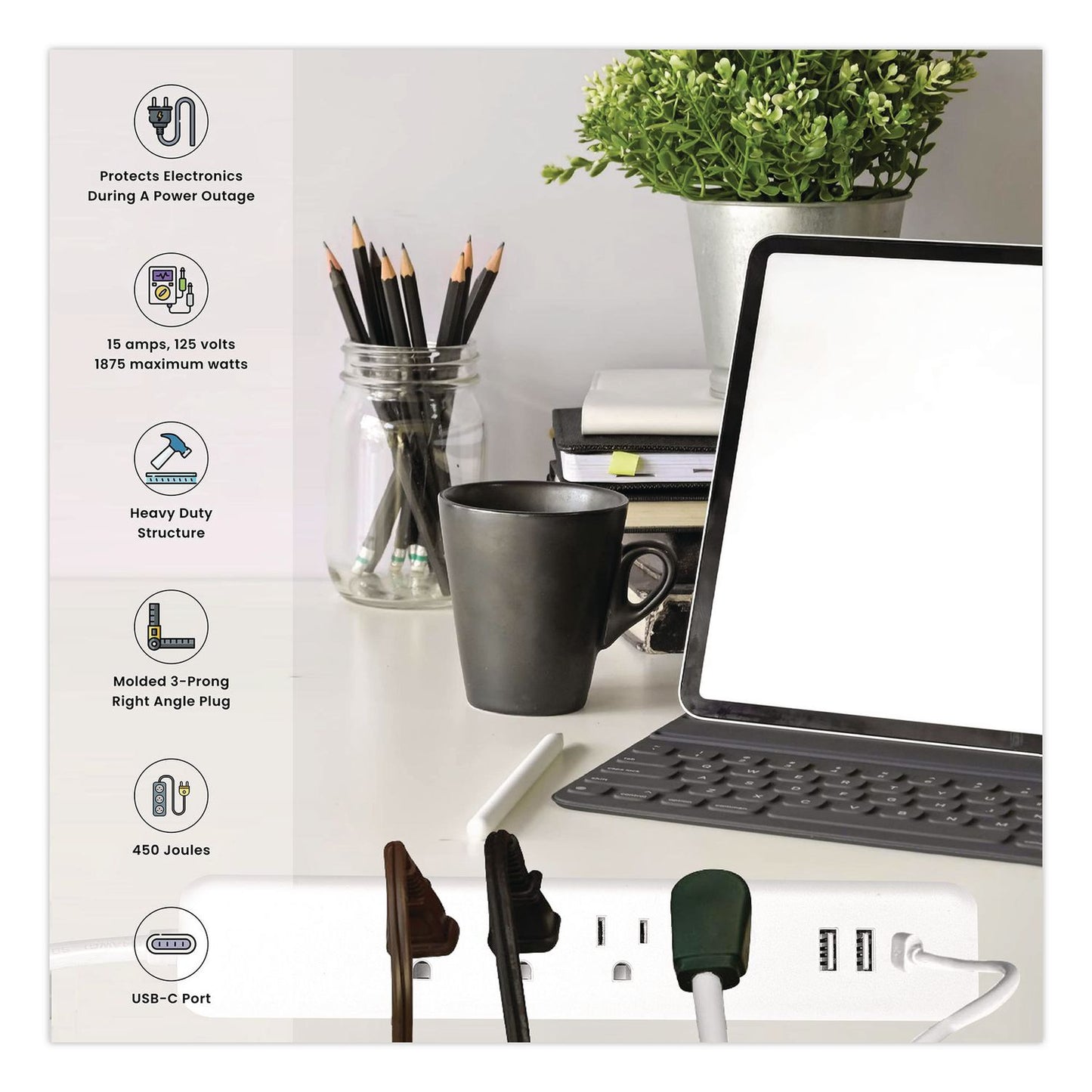 GoGreen Power Four-Outlet Surge Protector with Three USB Ports, 4 ft Cord Length Cord, 450 J, White (GGPGG1462USBC)