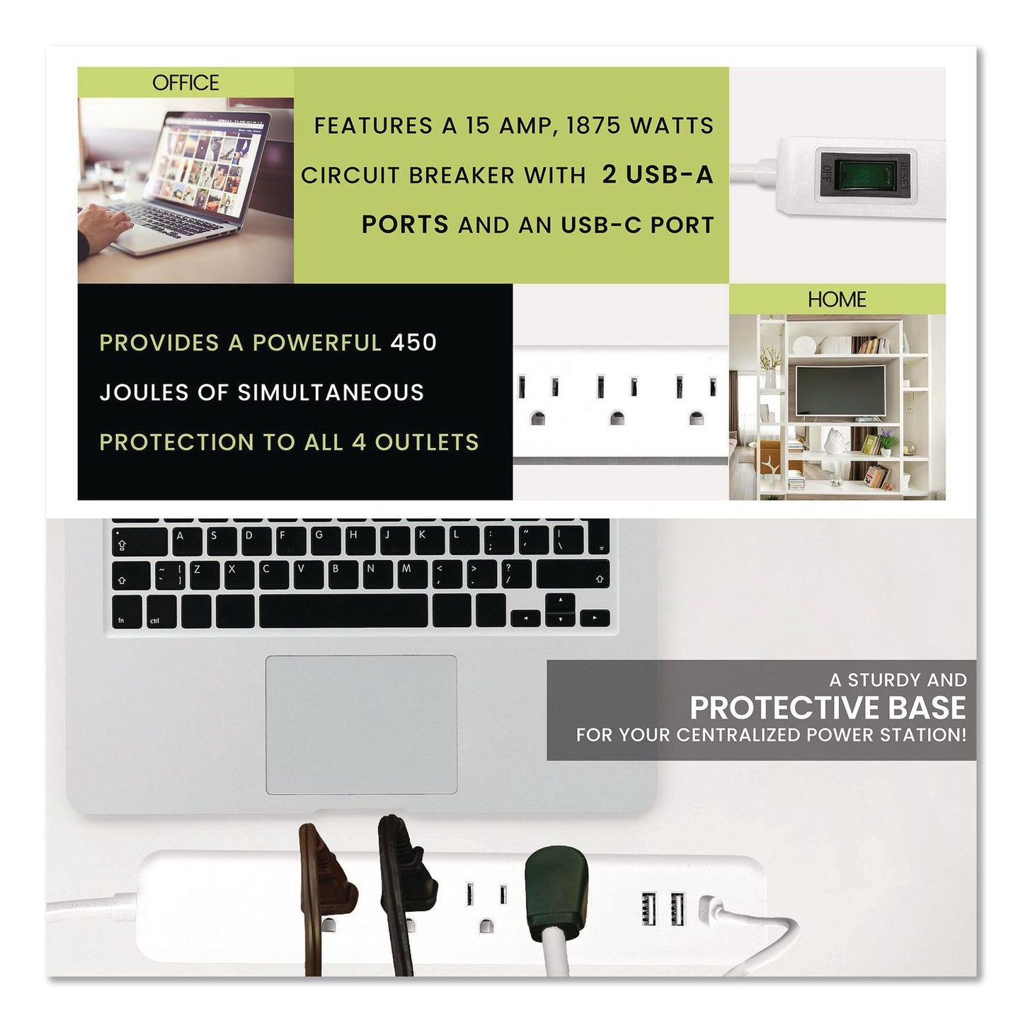 GoGreen Power Four-Outlet Surge Protector with Three USB Ports, 4 ft Cord Length Cord, 450 J, White (GGPGG1462USBC)