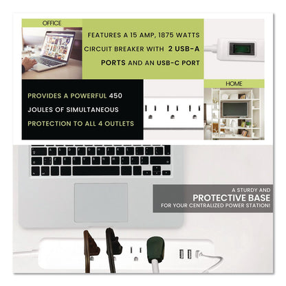 GoGreen Power Four-Outlet Surge Protector with Three USB Ports, 4 ft Cord Length Cord, 450 J, White (GGPGG1462USBC)