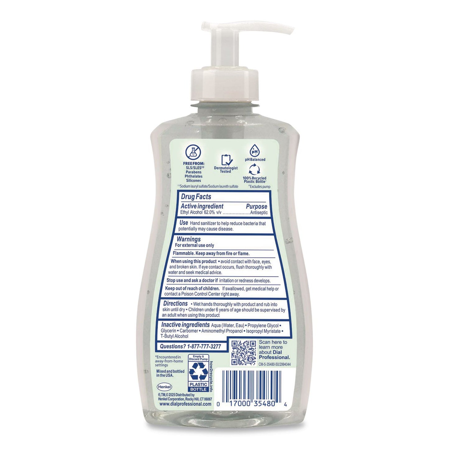 Dial® Professional Gel Antibacterial Hand Sanitizer, 11 oz Pump Bottle, Fragrance-Free, 12/Carton (DIA35482)