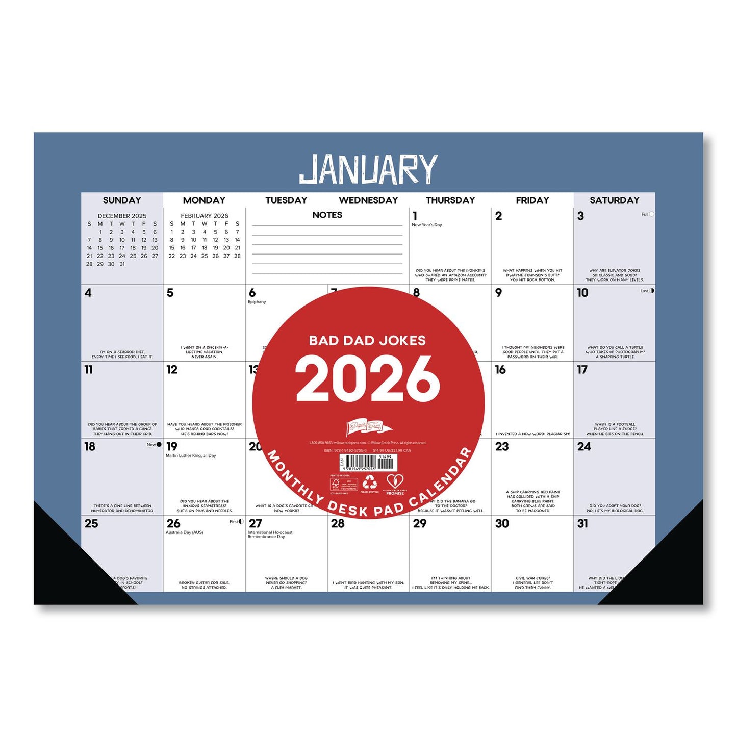 Willow Creek Press Bad Dad Jokes Monthly Desk Pad Calendar, 17 x 12, White/Multicolor Sheets, Black Headband/Corners, 12-Month (Jan to Dec) 2026 (WPR57056)