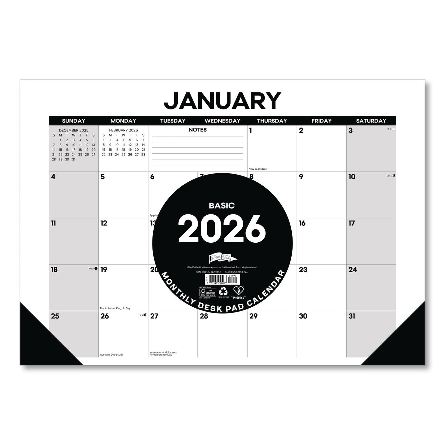 Willow Creek Press Basic Small Monthly Desk Pad Calendar, 17 x 12, White/Gray/Black Sheets, Black Headband/Corners, 12-Month (Jan to Dec) 2026 (WPR57063)