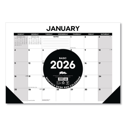 Willow Creek Press Basic Small Monthly Desk Pad Calendar, 17 x 12, White/Gray/Black Sheets, Black Headband/Corners, 12-Month (Jan to Dec) 2026 (WPR57063)