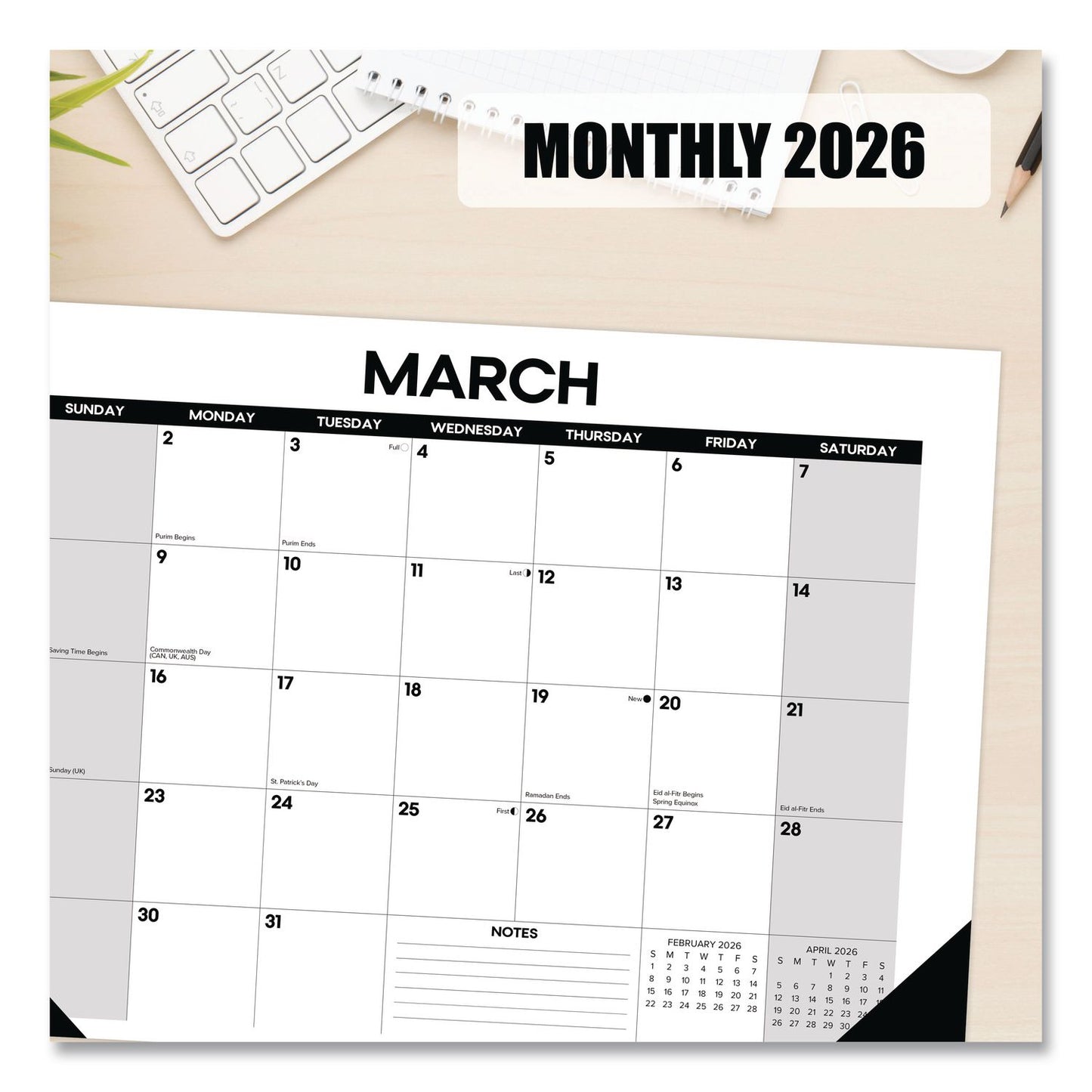 Willow Creek Press Basic Small Monthly Desk Pad Calendar, 17 x 12, White/Gray/Black Sheets, Black Headband/Corners, 12-Month (Jan to Dec) 2026 (WPR57063)