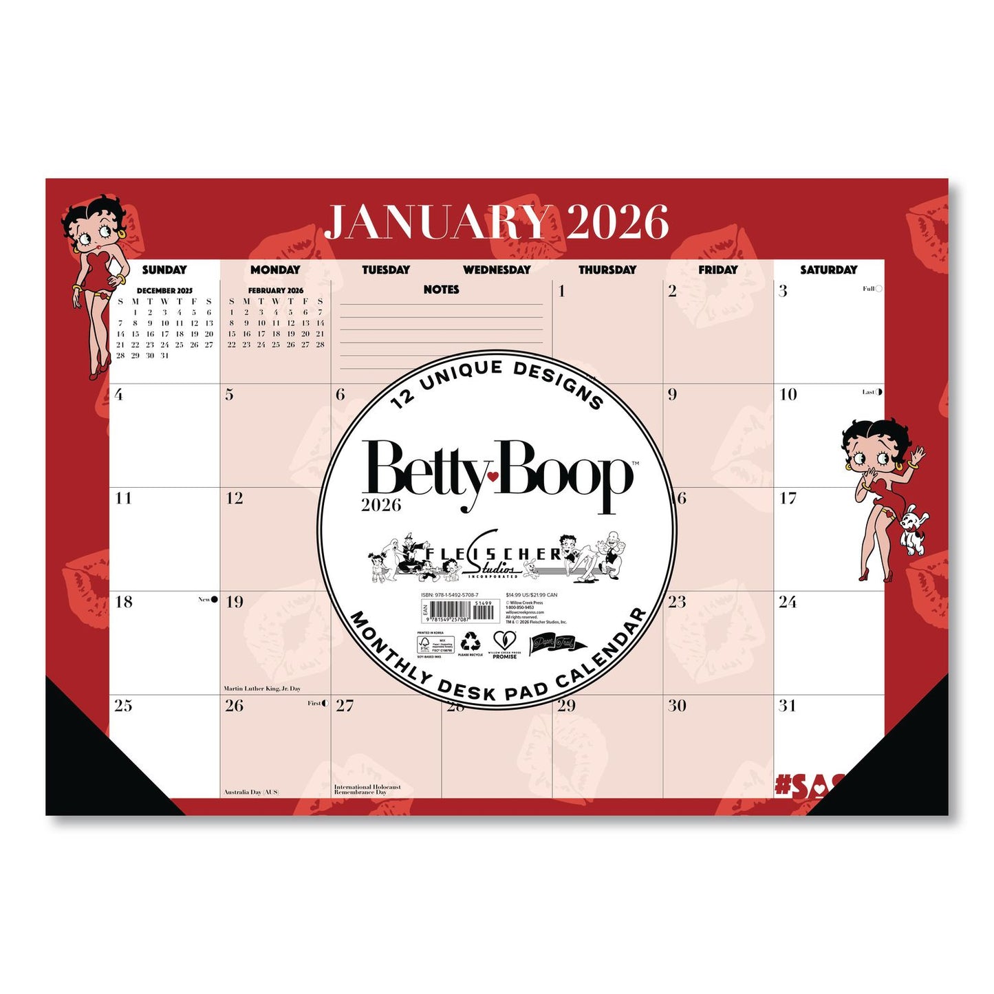 Willow Creek Press Betty Boop Small Monthly Desk Pad Calendar, 17 x 12, Red/White Sheets, Black Headband, Black Corners, 12-Month (Jan-Dec) 2026 (WPR57087)