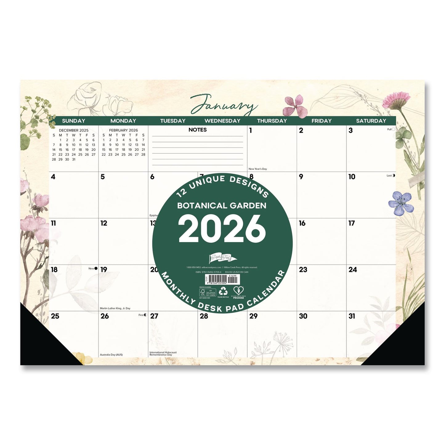 Willow Creek Press Botanical Garden Monthly Desk Pad Calendar, 17 x 12, Cream/Multicolor Sheets, Black Headband/Corners, 12-Month (Jan-Dec) 2026 (WPR57094)