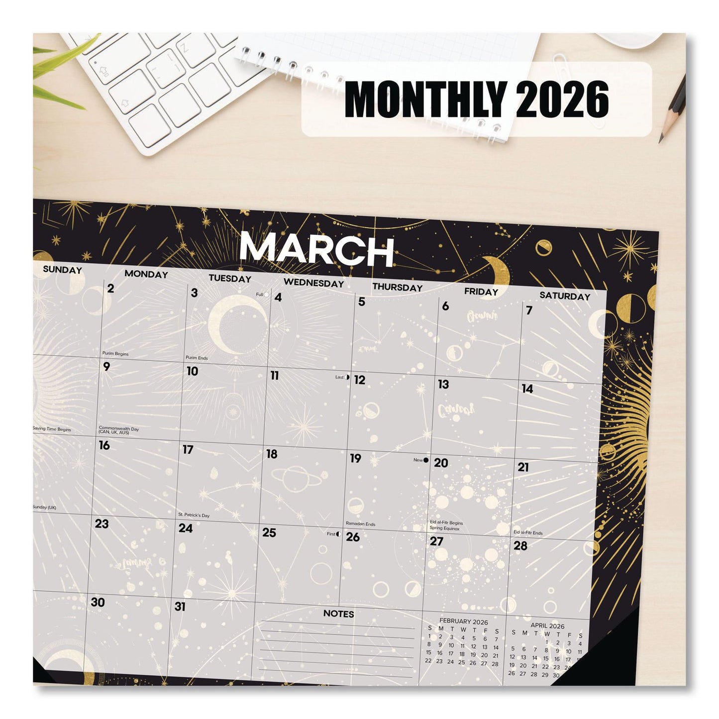 Willow Creek Press Celestial Small Monthly Desk Pad Calendar, 17 x 12, Black/Gold/Gray Sheets, Black Headband/Corners, 12-Month (Jan-Dec) 2026 (WPR57100)