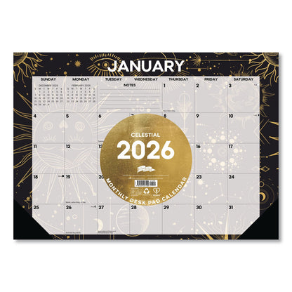 Willow Creek Press Celestial Small Monthly Desk Pad Calendar, 17 x 12, Black/Gold/Gray Sheets, Black Headband/Corners, 12-Month (Jan-Dec) 2026 (WPR57100)