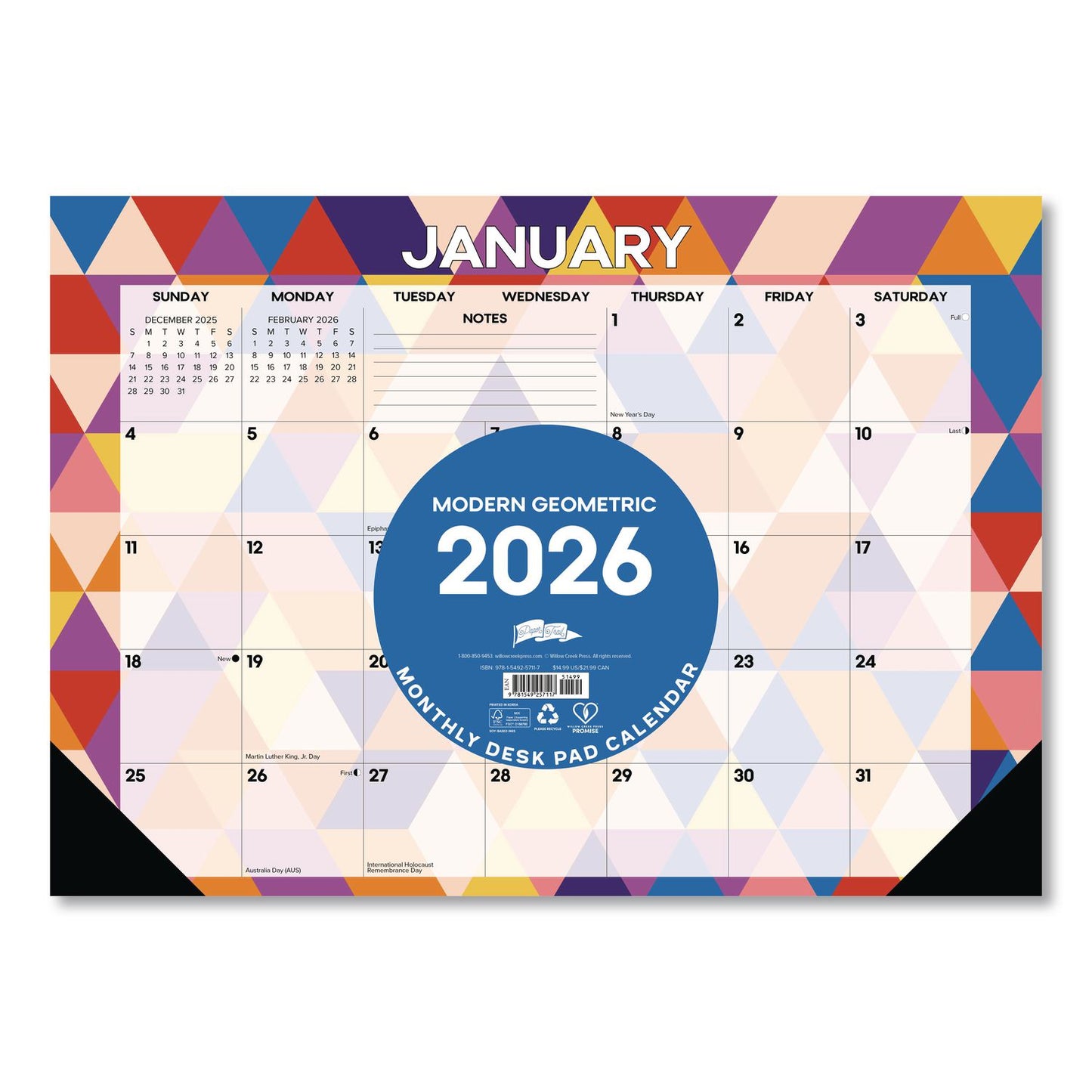 Willow Creek Press Modern Small Geometric Monthly Desk Pad Calendar, 17 x 12, Multicolor Sheets, Black Headband/Corners, 12-Month (Jan-Dec) 2026 (WPR57117)