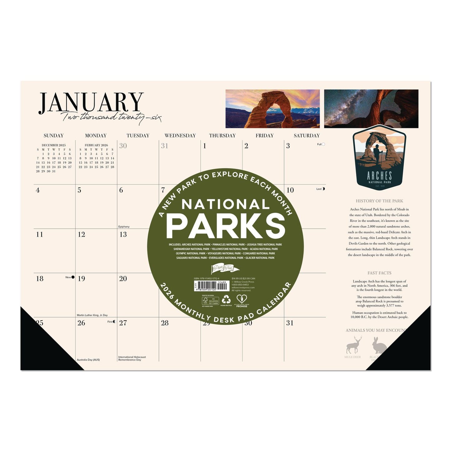 Willow Creek Press National Parks Small Monthly Desk Pad Calendar, 17 x 12, Multicolor Sheets, Black Headband/Corners, 12-Month (Jan-Dec) 2026 (WPR57124)