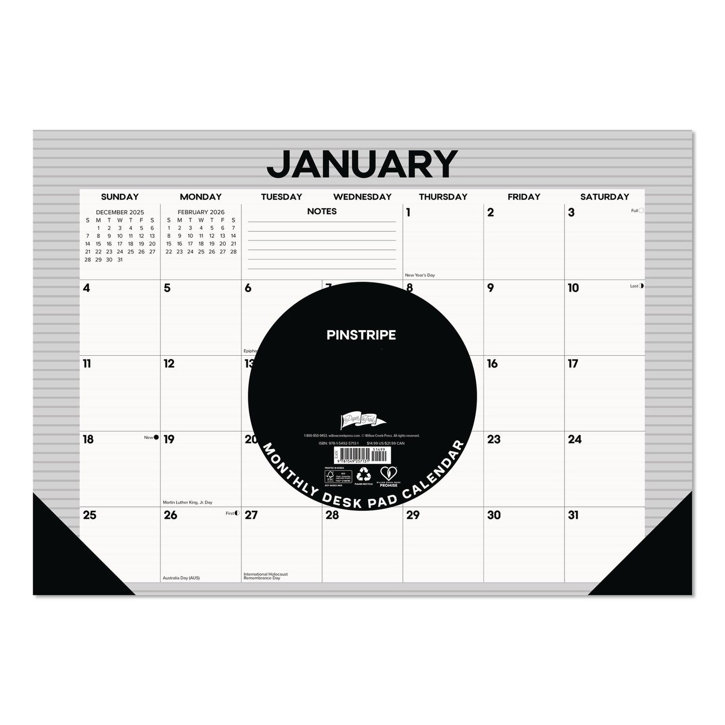 Willow Creek Press Pinstripe Small Monthly Desk Pad Calendar, 17 x 12, White/Gray Sheets, Black Headband, Black Corners, 12-Month (Jan-Dec) 2026 (WPR57131)
