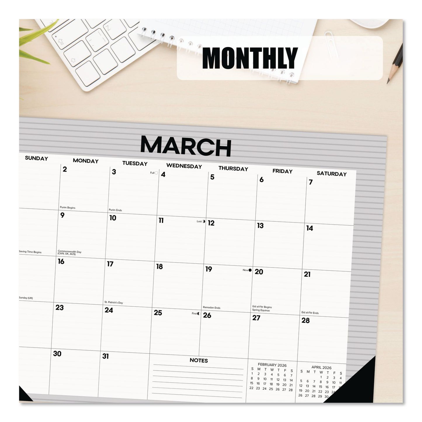 Willow Creek Press Pinstripe Small Monthly Desk Pad Calendar, 17 x 12, White/Gray Sheets, Black Headband, Black Corners, 12-Month (Jan-Dec) 2026 (WPR57131)