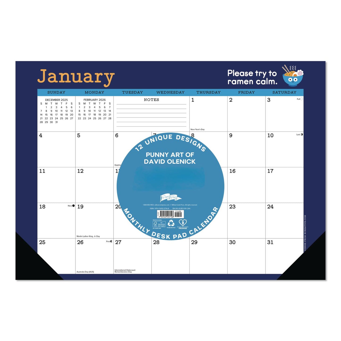 Willow Creek Press Punny Art of David Olenick Monthly Desk Pad Calendar, 17x12, White/Multicolor, Black Headband/Corners, 12-Month Jan-Dec 2026 (WPR57148)