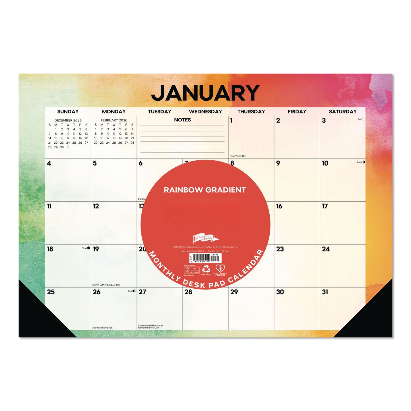 Willow Creek Press Rainbow Gradient Small Monthly Desk Pad Calendar, 17 x 12, White Sheets, Black Headband/Corners, 12-Month (Jan to Dec): 2026 (WPR57155)