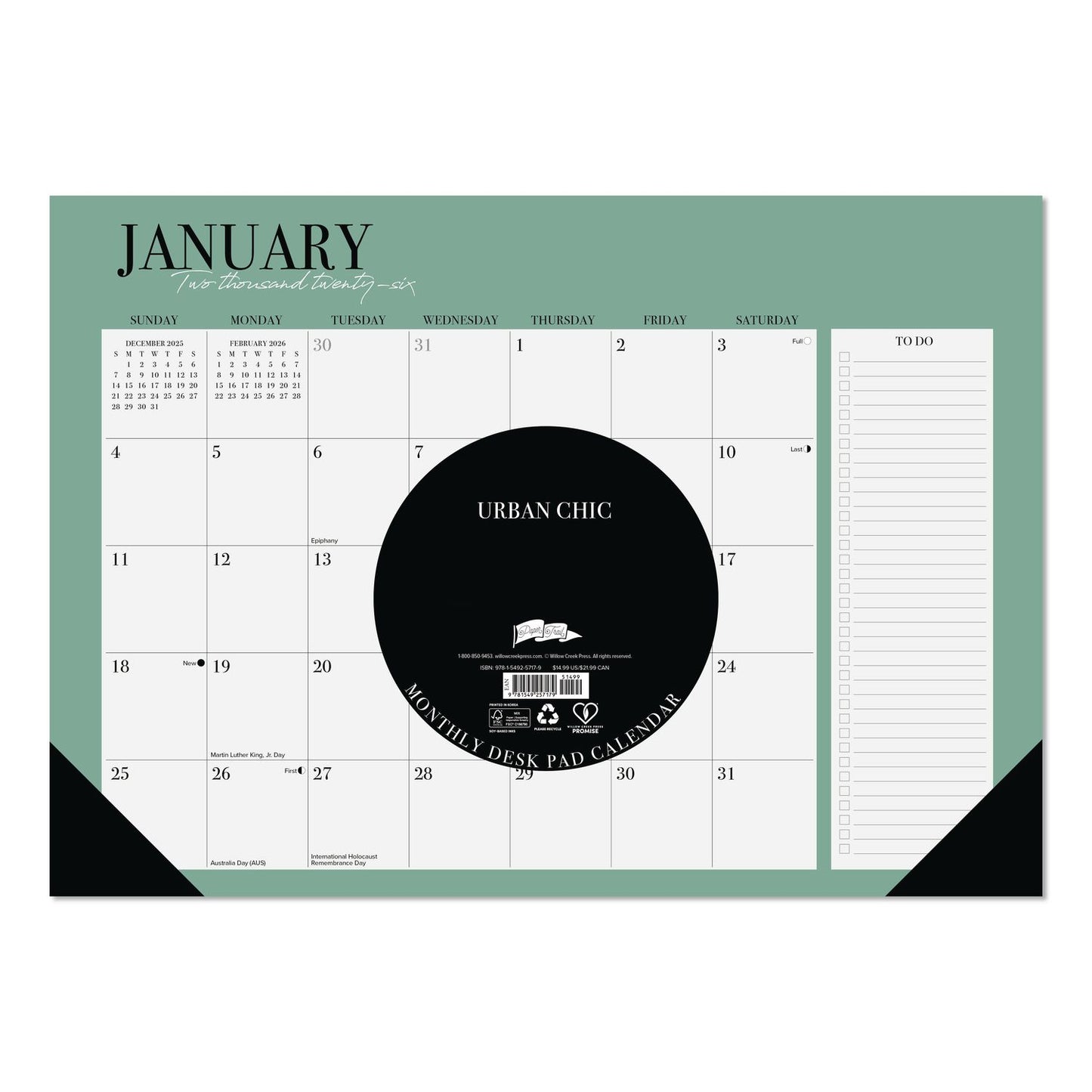 Willow Creek Press Urban Chic Small Monthly Desk Pad Calendar, 17 x 12, White Sheets, Black Headband/Corners, 12-Month (Jan to Dec): 2026 (WPR57179)