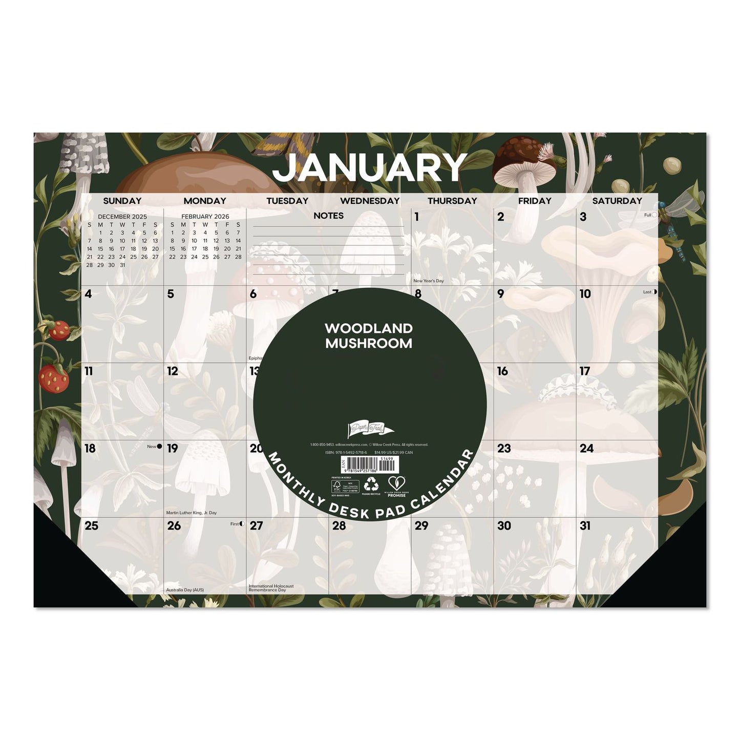 Willow Creek Press Woodland Mushroom Small Monthly Desk Pad Calendar, 17 x 12, White Sheets, Black Headband/Corners, 12-Month (Jan to Dec): 2026 (WPR57186)