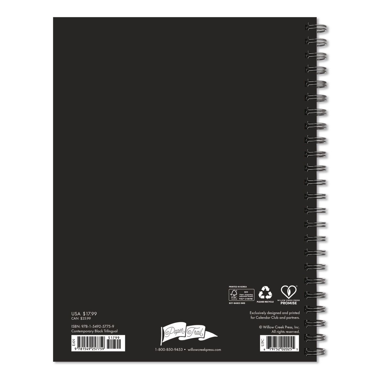 Willow Creek Press Contemporary Black (Trilingual) Weekly/Monthly Planner, 8.5 x 6.5, Black Cover, 12-Month (Jan to Dec): 2026 (WPR57759)