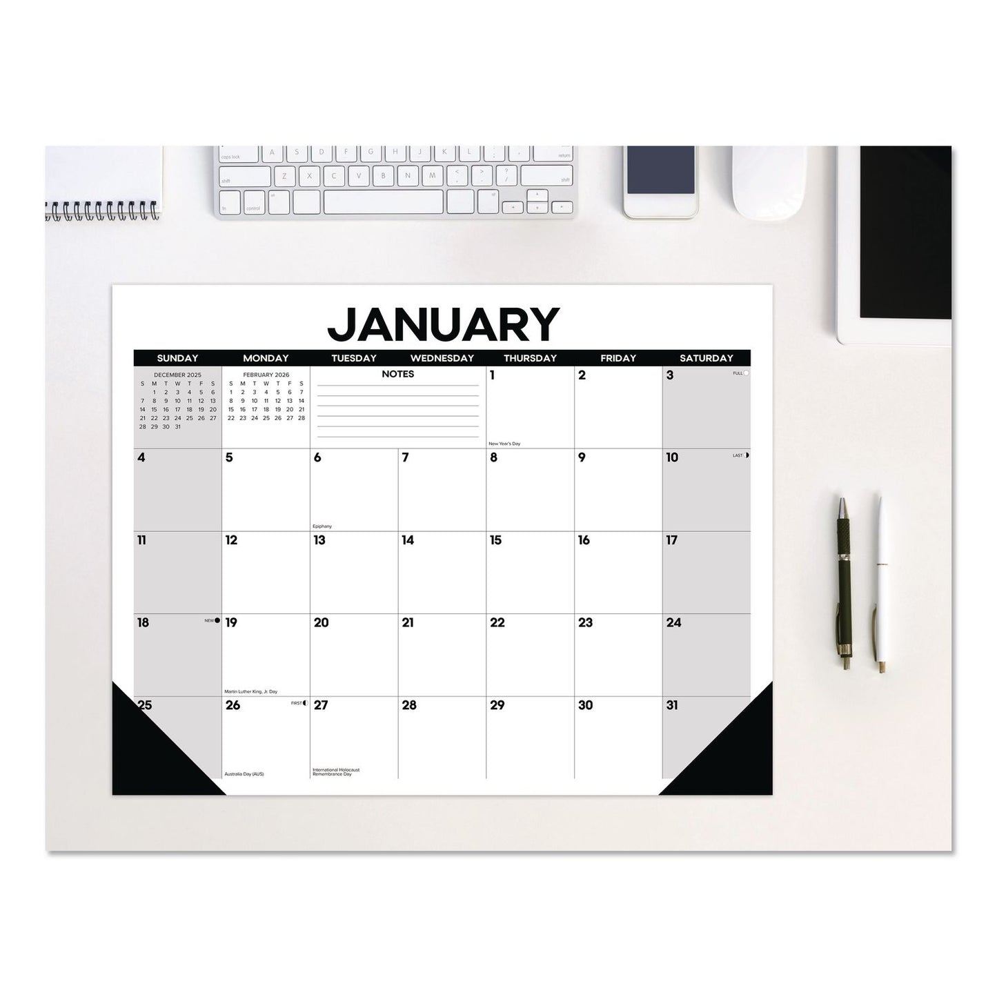 Willow Creek Press Basic Large Monthly Desk Pad Calendar, 22 x 17, White/Gray/Black Sheets, Black Headband/Corners, 12-Month (Jan to Dec) 2026 (WPR57209)