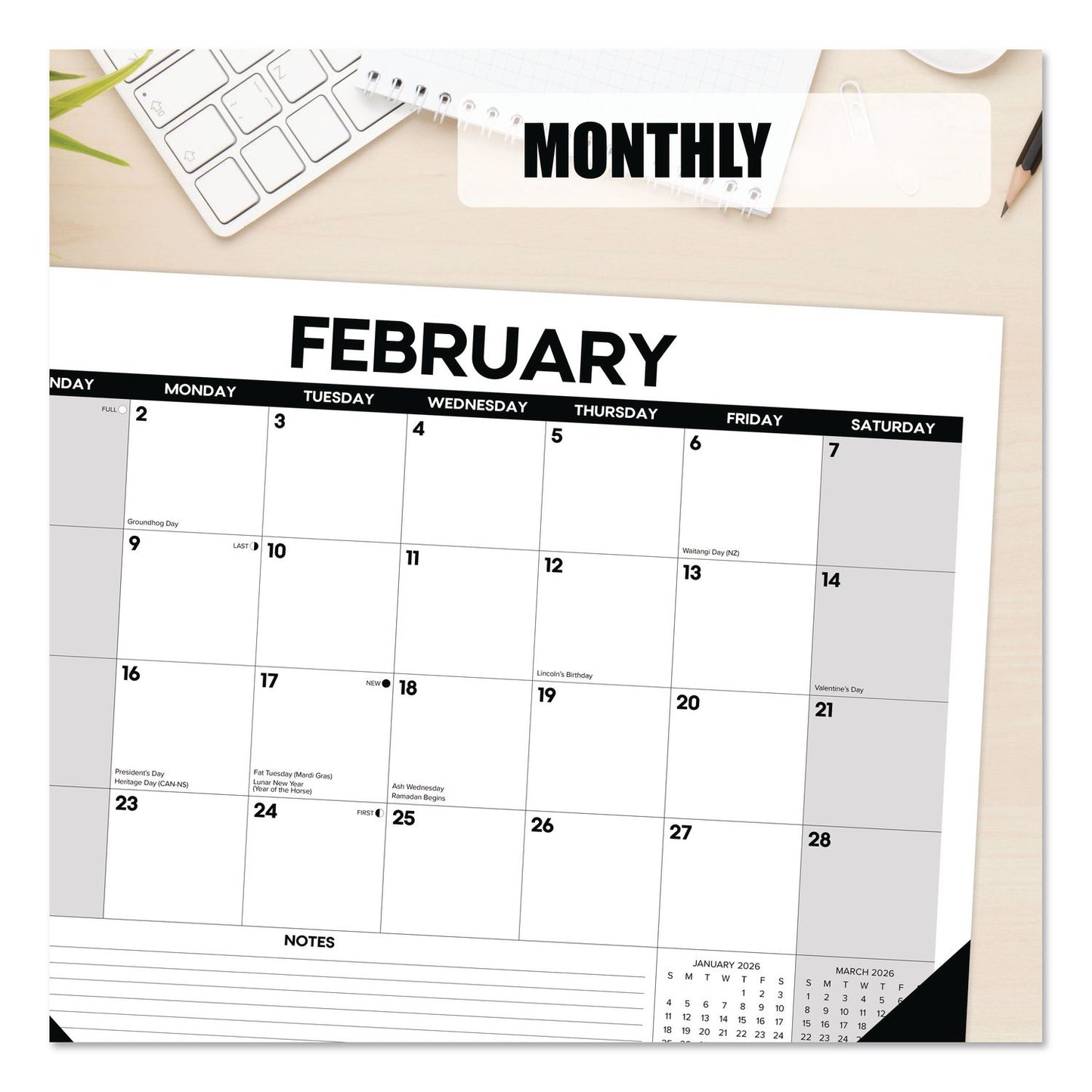 Willow Creek Press Basic Large Monthly Desk Pad Calendar, 22 x 17, White/Gray/Black Sheets, Black Headband/Corners, 12-Month (Jan to Dec) 2026 (WPR57209)