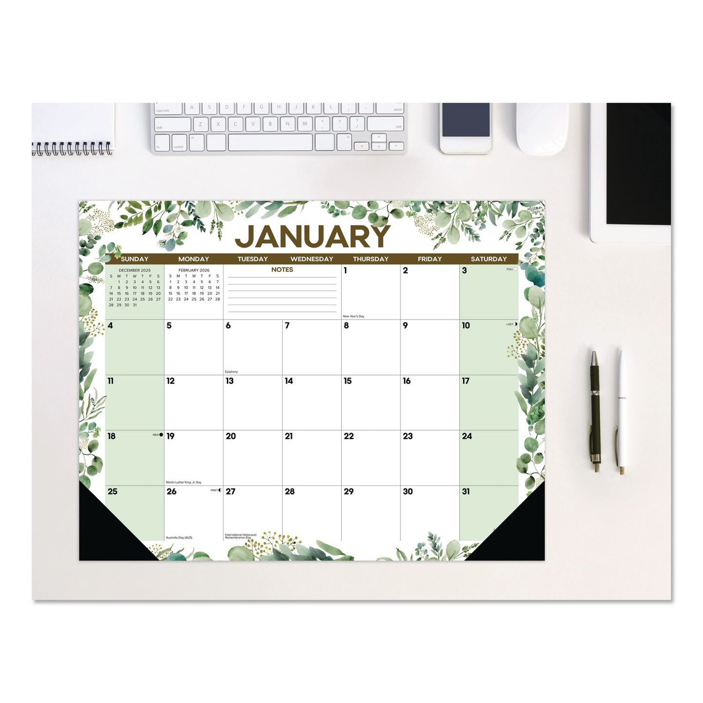 Willow Creek Press Eucalyptus Large Monthly Desk Pad Calendar, 22 x 17, White/Green Sheets, Black Headband/Corners, 12-Month (Jan to Dec) 2026 (WPR57223)