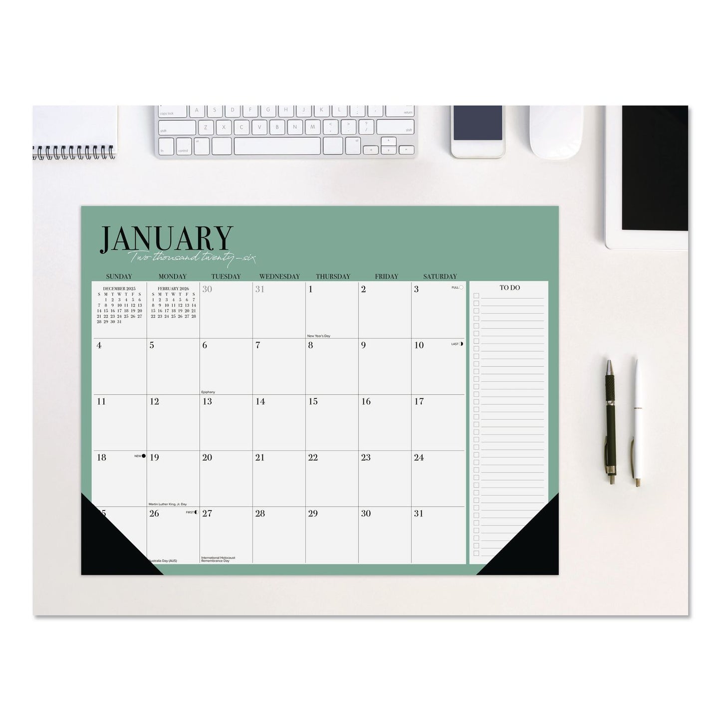 Willow Creek Press Modern Minimalist Large Monthly Desk Pad Calendar, 22x17, White/Teal Sheets, Black Headband/Corners, 12-Month (Jan-Dec) 2026 (WPR57230)