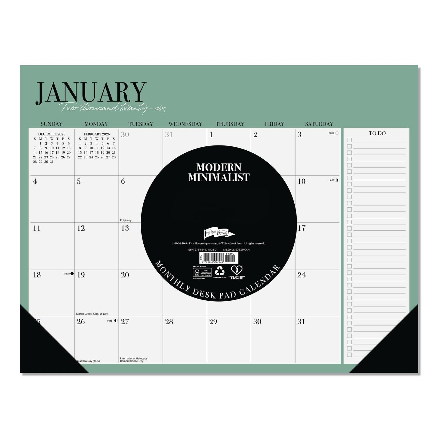 Willow Creek Press Modern Minimalist Large Monthly Desk Pad Calendar, 22x17, White/Teal Sheets, Black Headband/Corners, 12-Month (Jan-Dec) 2026 (WPR57230)