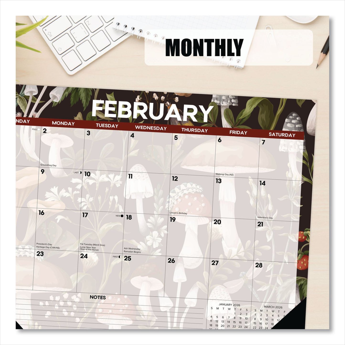 Willow Creek Press Mushrooms Large Monthly Desk Pad Calendar, 22 x 17, Multicolor Sheets, Black Headband/Corners, 12-Month (Jan to Dec) 2026 (WPR57247)