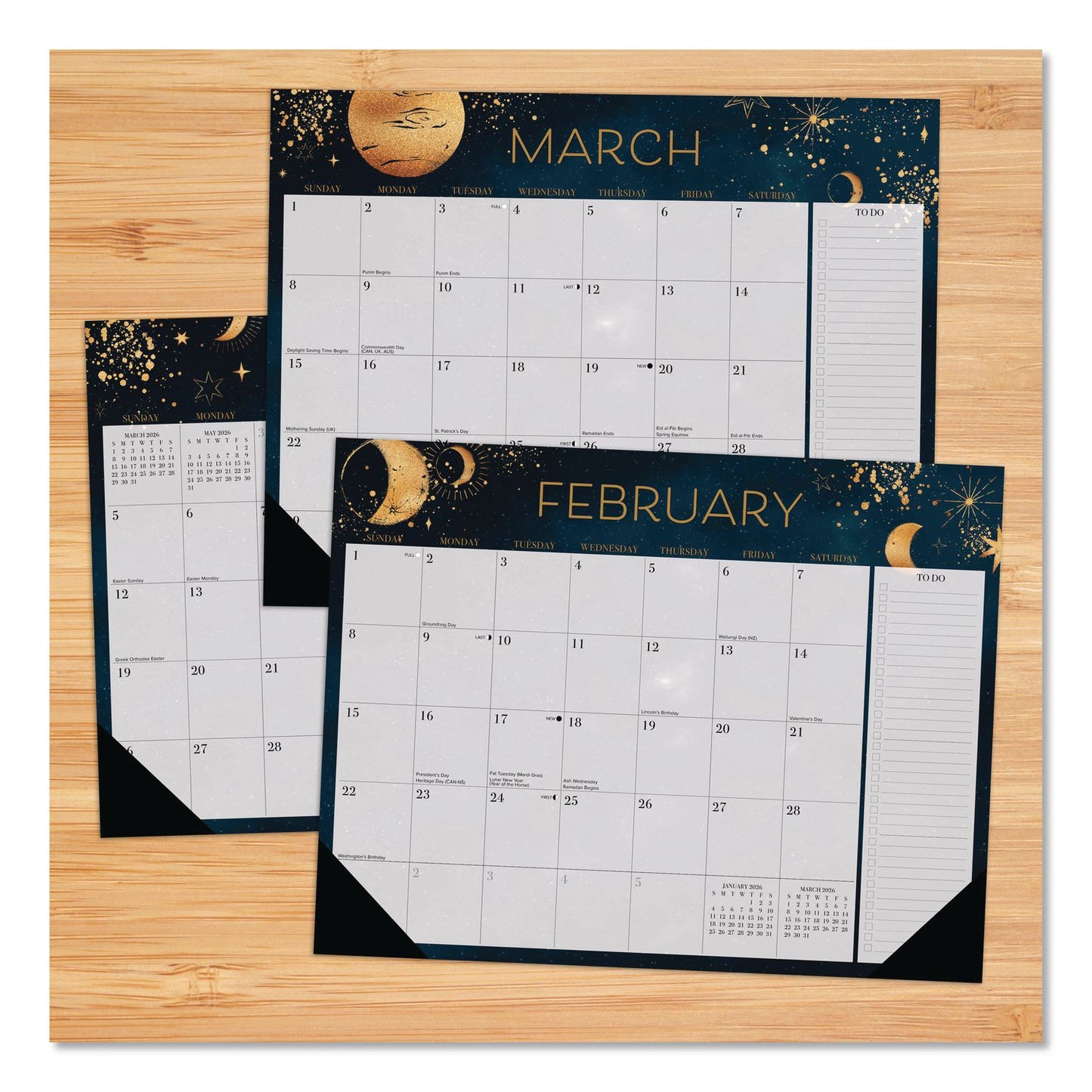 Willow Creek Press Moon Magic Large Monthly Desk Pad Calendar, 22 x 17, Gray/Black/Gold Sheets, Black Headband/Corners, 12-Month (Jan-Dec) 2026 (WPR57254)