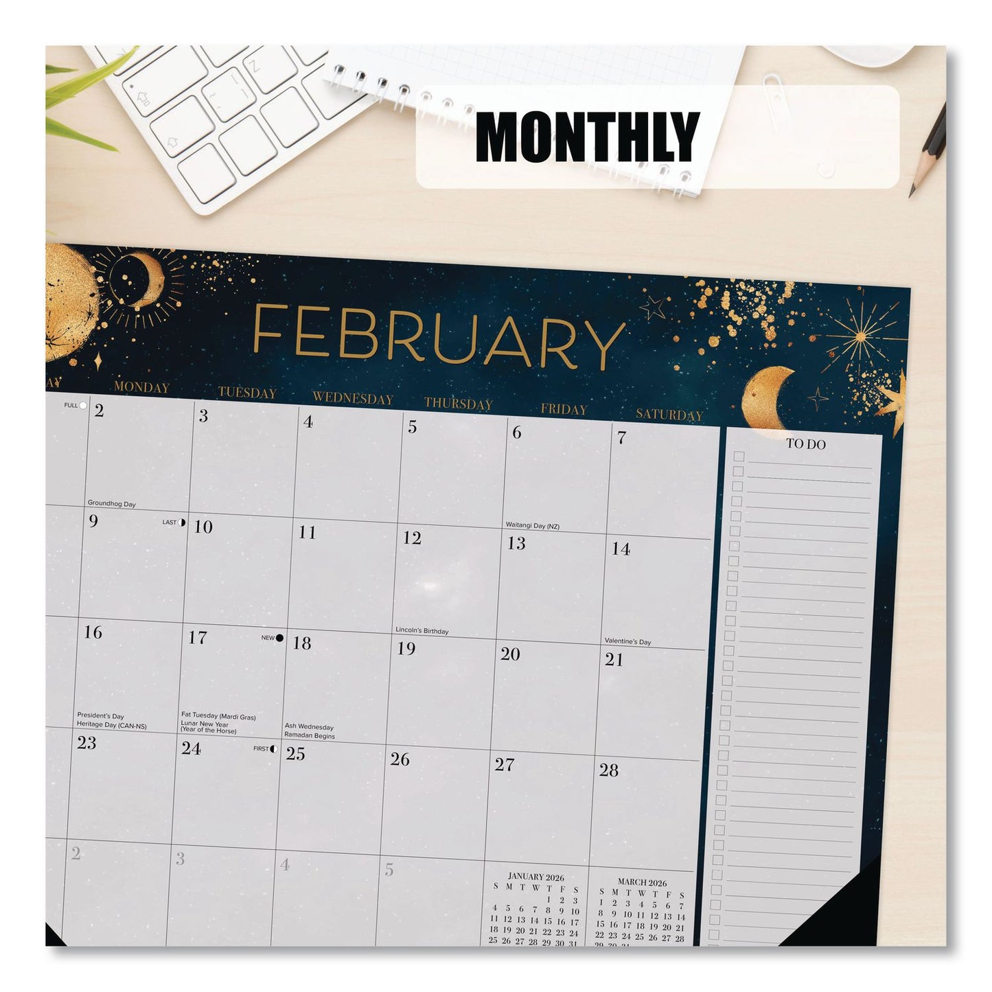Willow Creek Press Moon Magic Large Monthly Desk Pad Calendar, 22 x 17, Gray/Black/Gold Sheets, Black Headband/Corners, 12-Month (Jan-Dec) 2026 (WPR57254)