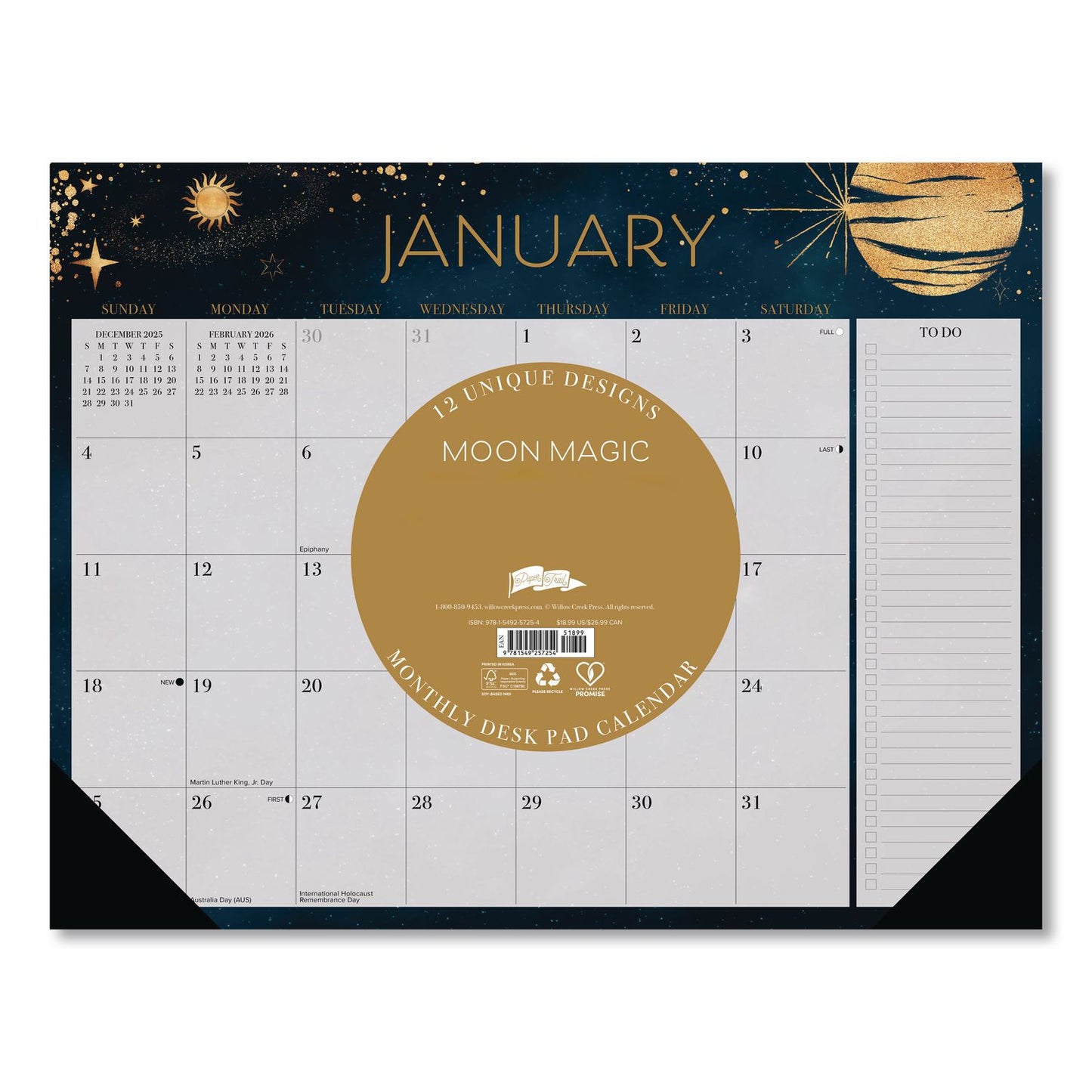 Willow Creek Press Moon Magic Large Monthly Desk Pad Calendar, 22 x 17, Gray/Black/Gold Sheets, Black Headband/Corners, 12-Month (Jan-Dec) 2026 (WPR57254)