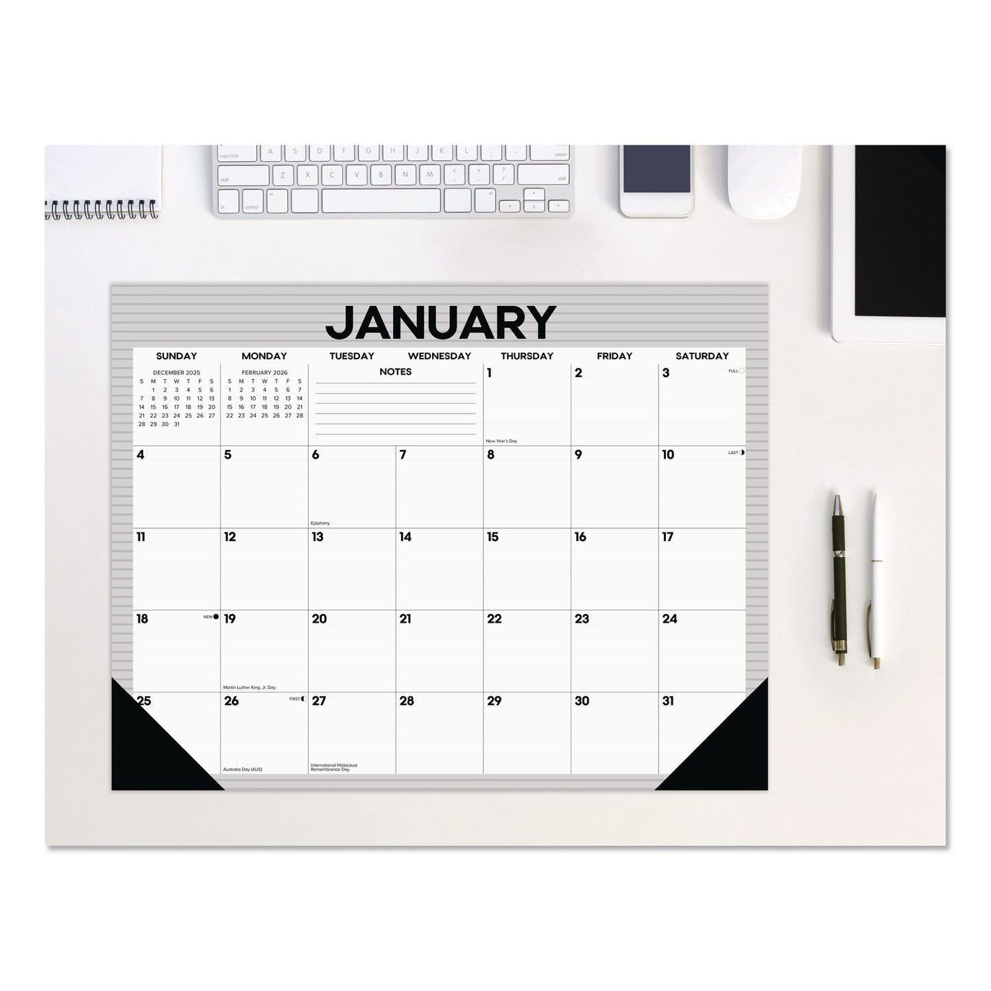 Willow Creek Press Perfect Pinstripe Large Monthly Desk Pad Calendar, 22x17, White/Gray Sheets, Black Headband/Corners, 12-Month (Jan-Dec) 2026 (WPR57261)