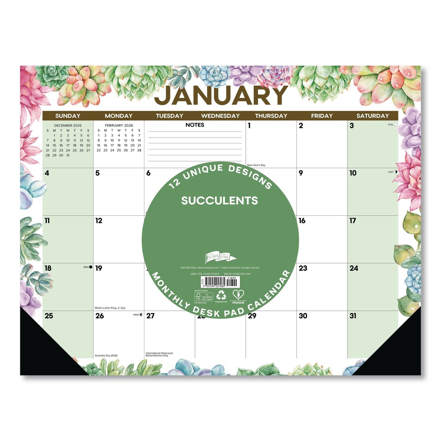 Willow Creek Press Succulents Large Monthly Desk Pad Calendar, 22 x 17, White/Multicolor Sheets, Black Headband/Corners, 12-Month (Jan-Dec) 2026 (WPR57285)